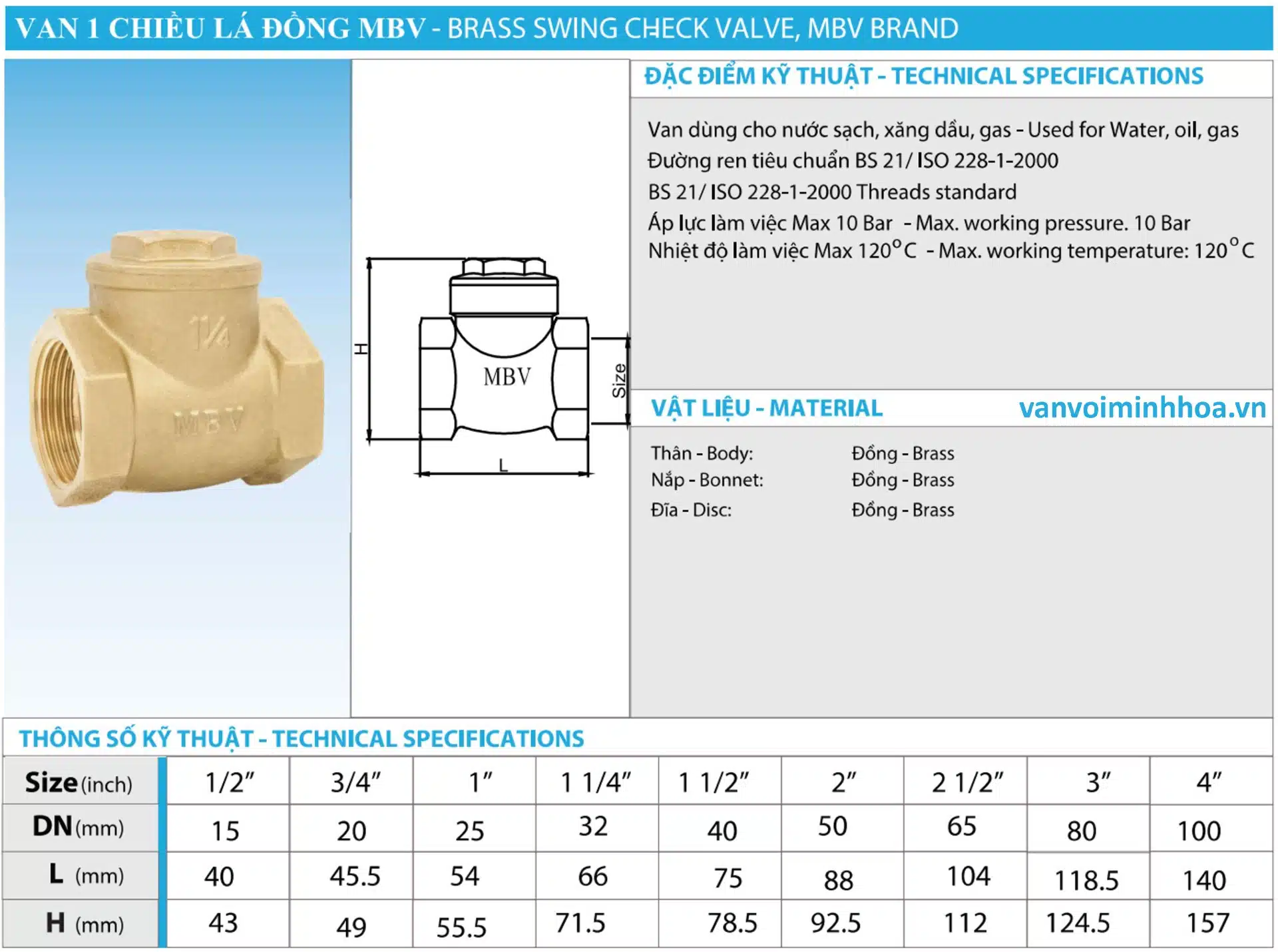 Đặc điểm kỹ thuật của van 1 chiều đồng lá lật mbv