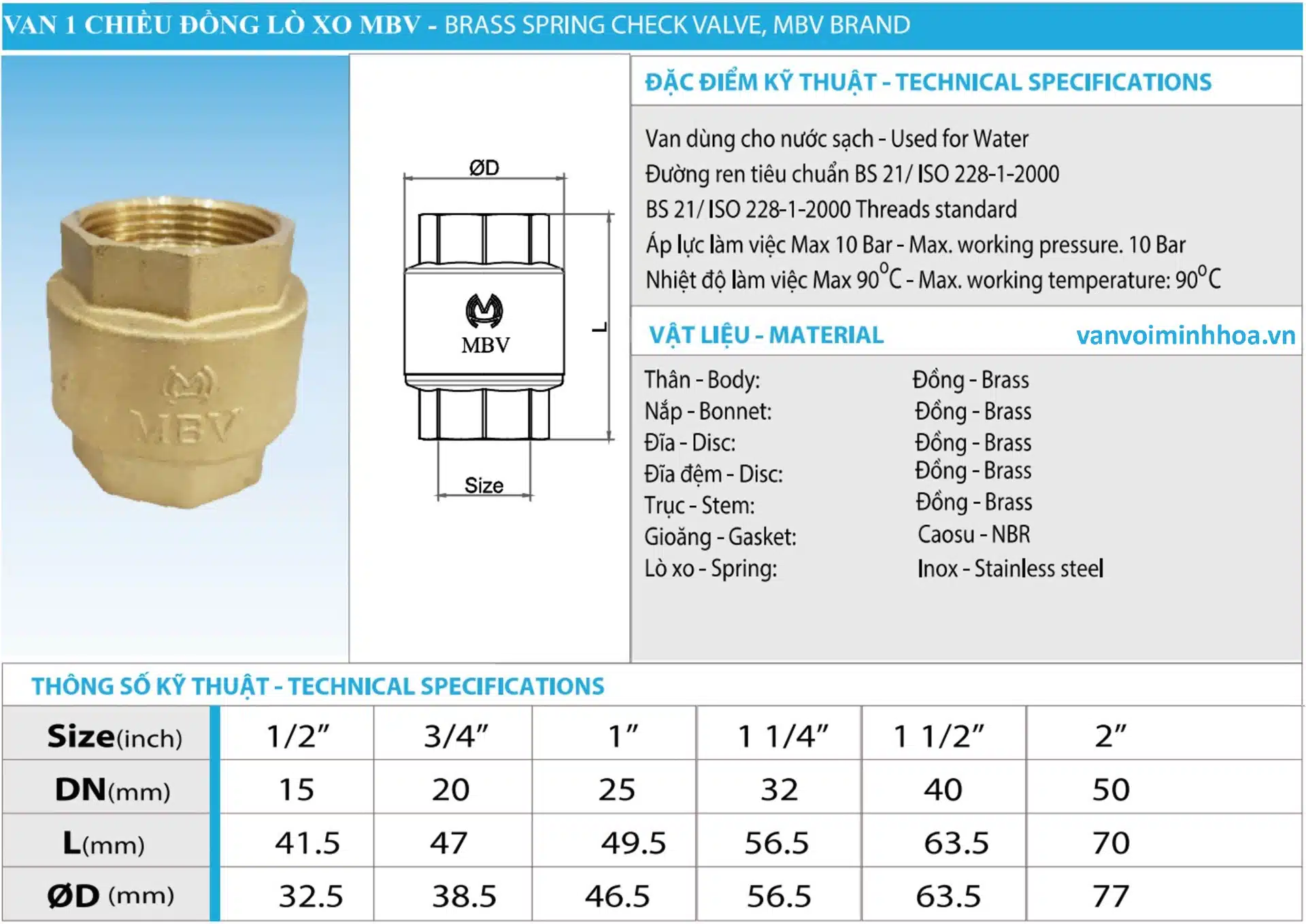 Đặc điểm kỹ thuật của van 1 chiều lò xo mbv cánh đồng